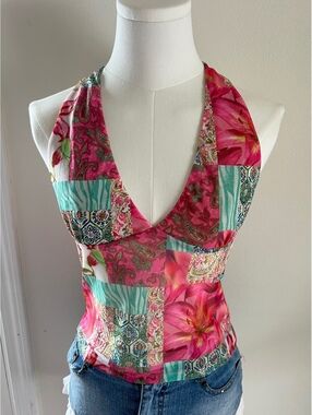 NWT Edikted Catie Patchwork Mesh Halter Top